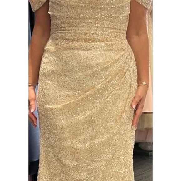 Elegant Gold Sequin Maxi Dress with Off-Shoulder Detail